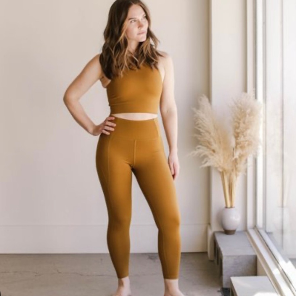 Girlfriend Collective High Rise Leggings and Paloma Bra in Saddle